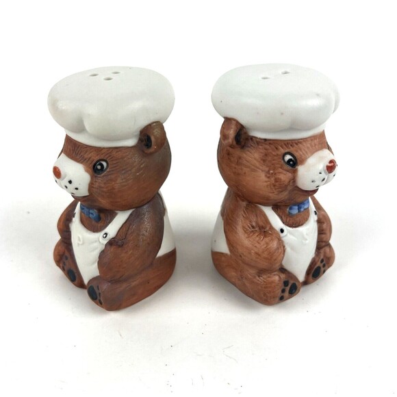 VTG BEAR CHEF Salt & Pepper Shaker Set hand painted Teddy bear figurines 3in - Picture 9 of 9